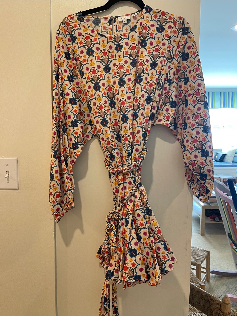 RHODE Floral Tie-Waist Mini Dress in Cream, Blue, Pink, Yellow